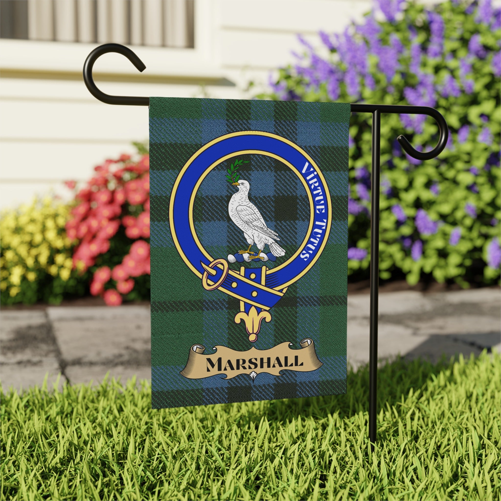 Marshall clan tartan garden flag with dove crest — outdoor display