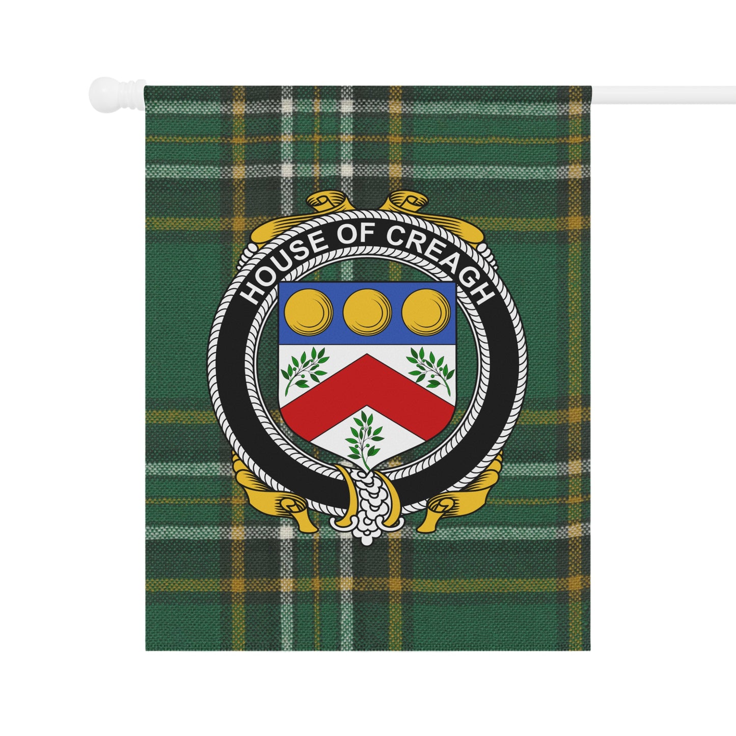 House of Creagh family coat of arms on green plaid flag