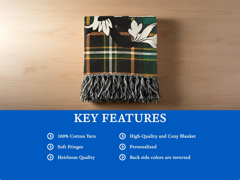 Plaid throw blanket with fringe, featuring key features list.