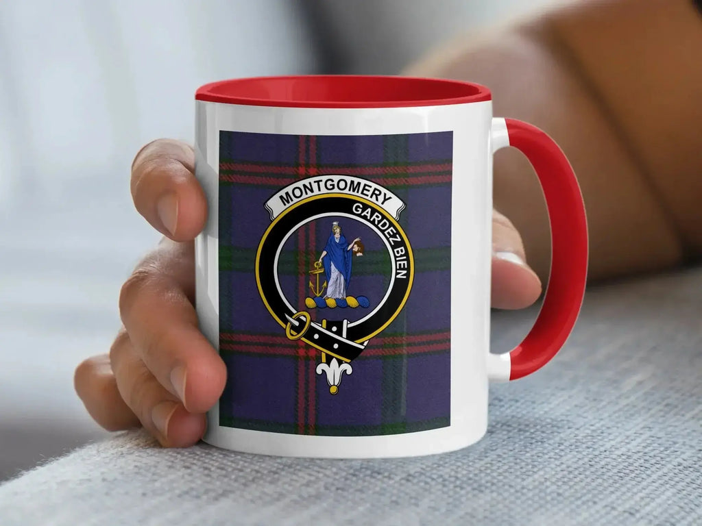 Montgomery clan tartan accent mug in red colourway — 11oz ceramic with Gardez Bien motto