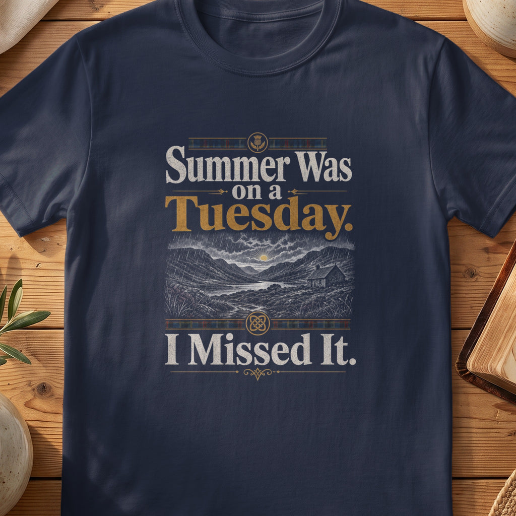 Navy Gildan 64000 unisex T-shirt flatlay with Summer Was on a Tuesday Scottish graphic design