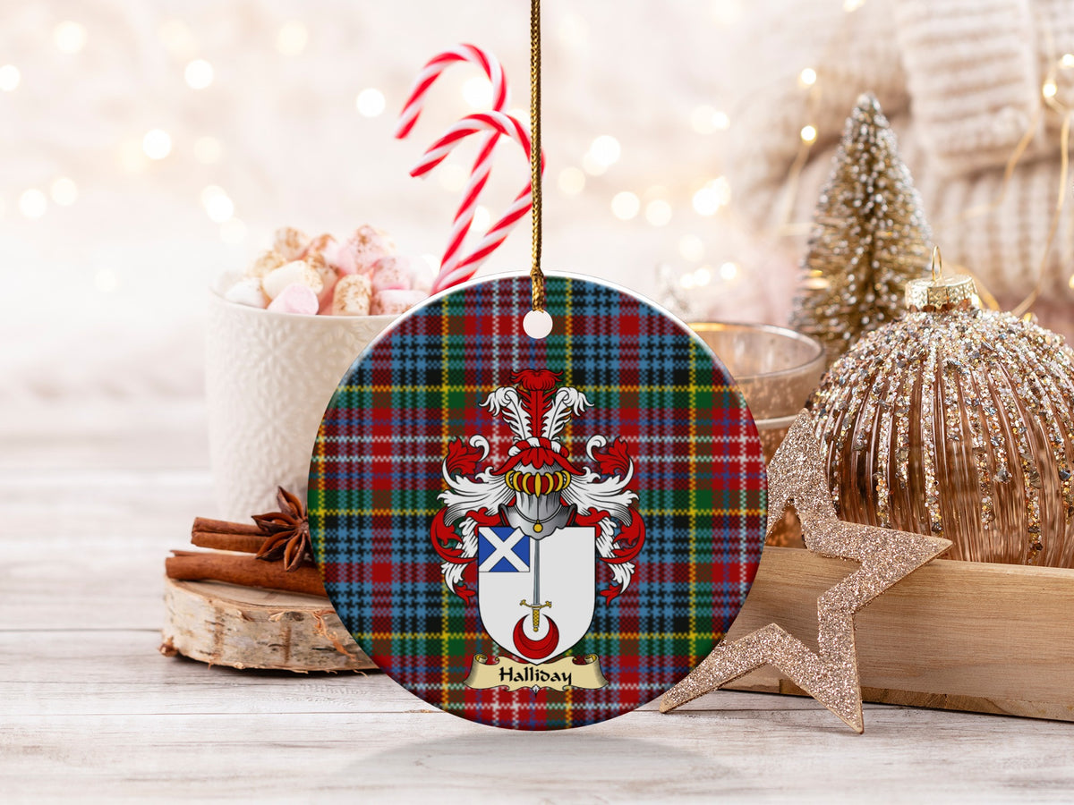 Double-sided Halliday ceramic ornament with family shield and Caledonia tartan background