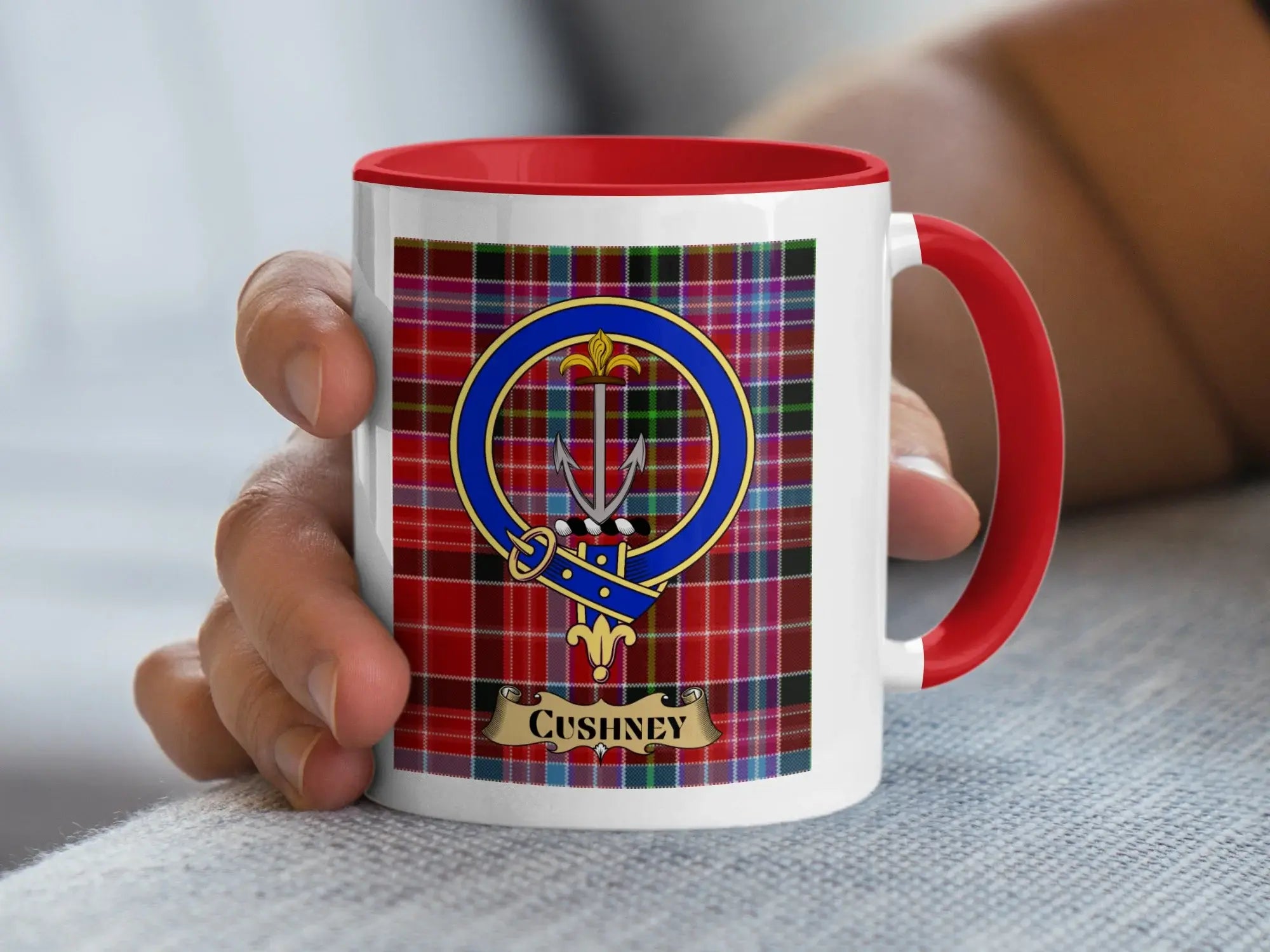 Cushney family crest ceramic mug for everyday coffee and tea