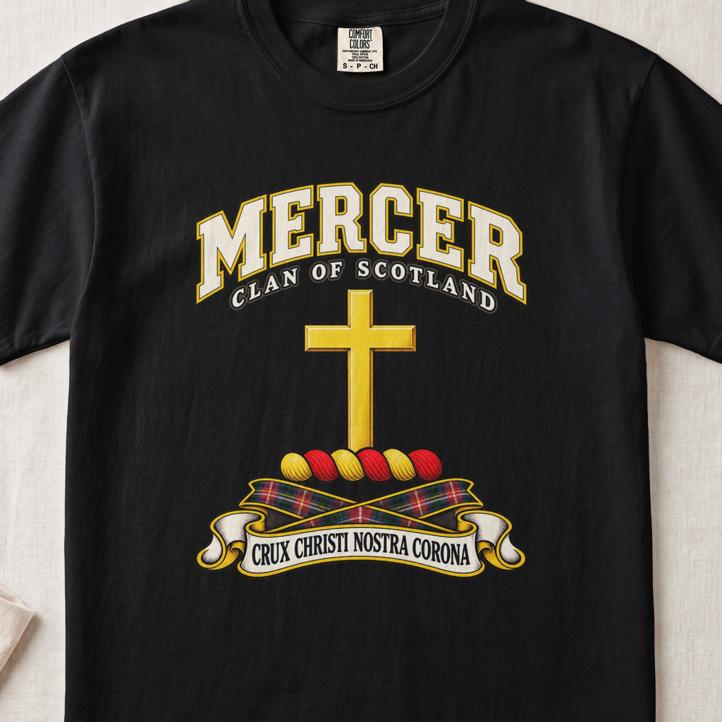 Mercer Scottish clan T-shirt in Black, front view with a golden cross and motto design.