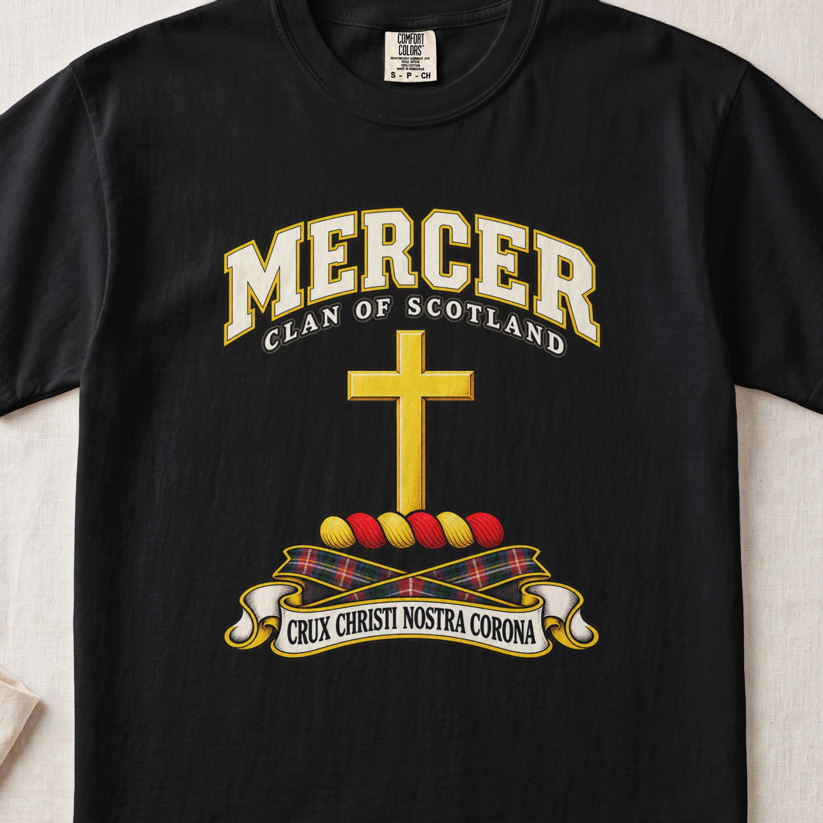 Mercer Scottish clan T-shirt in Black, front view with a golden cross and motto design.