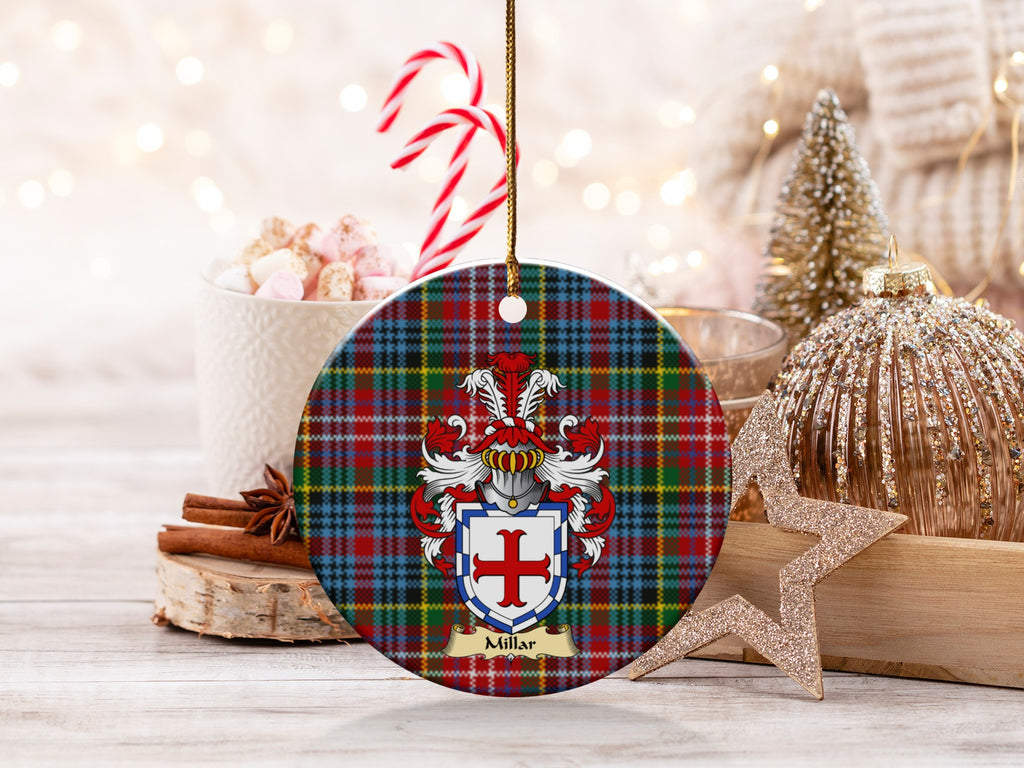 Double-sided Millar ceramic ornament with family shield and Caledonia tartan background