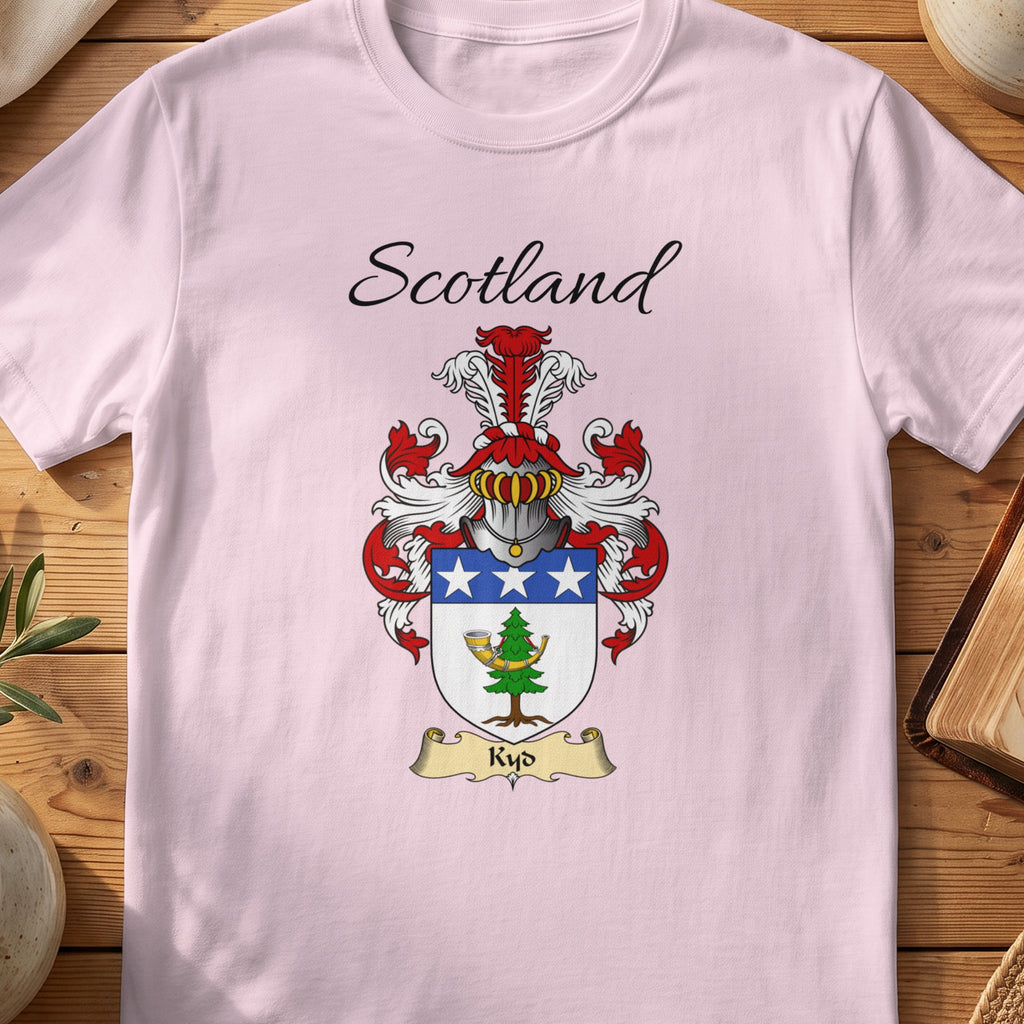 Light Pink Kyd Scottish family shield T-shirt featuring a blue top band with white stars above a green motif