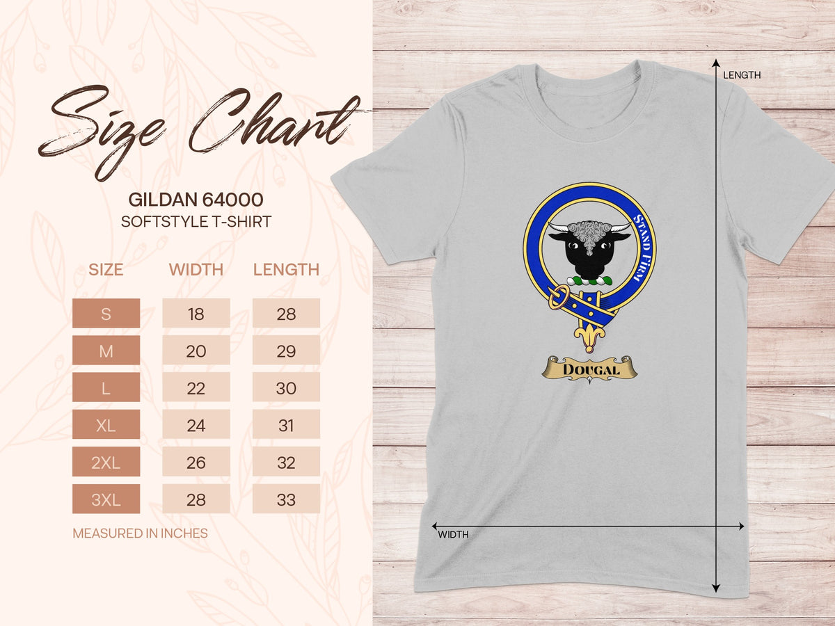 Gildan 64000 size chart for Dougal Stand Firm Scottish clan crest T-shirt