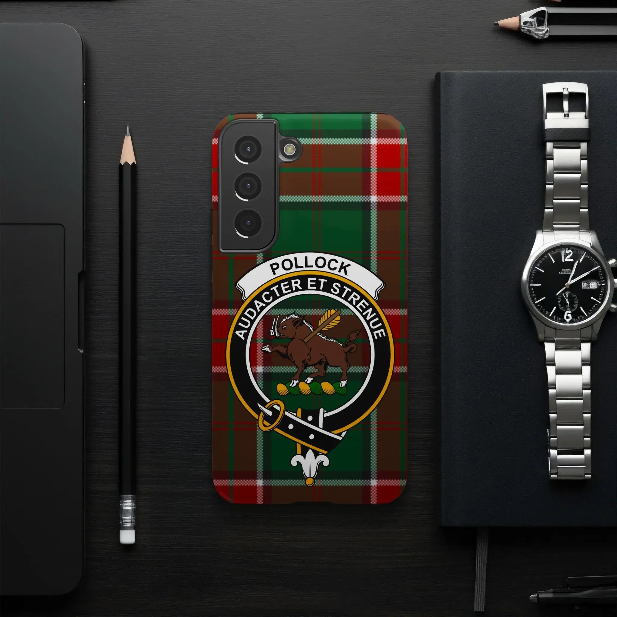Pollock Audacter et Strenue tartan phone case — edge-to-edge print on slim glossy case