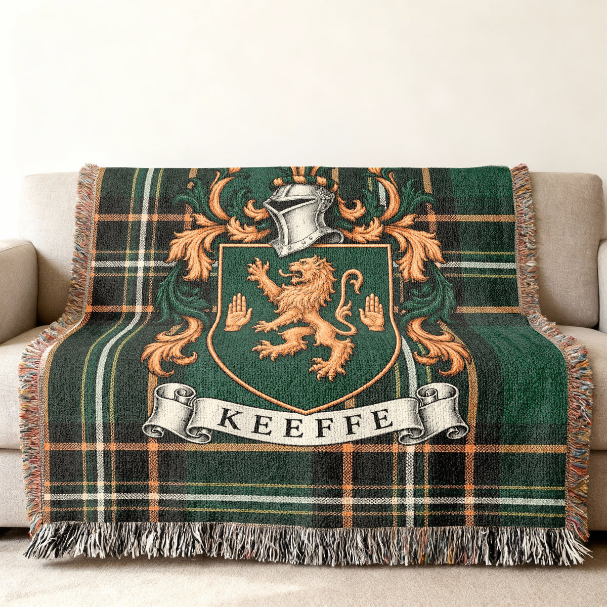 Keeffe family crest on Irish National Tartan woven blanket, detailed heritage design