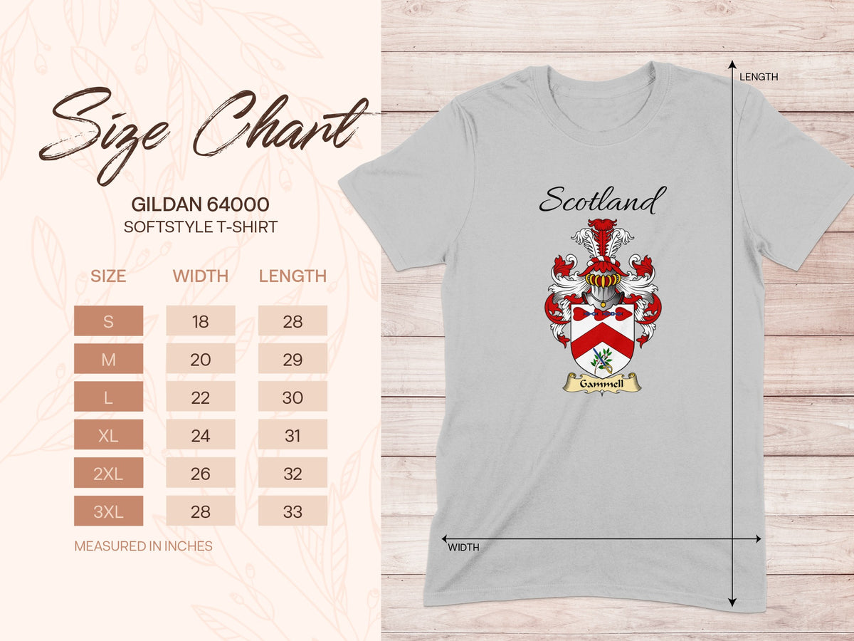 Gildan 64000 size chart for the Gammell unisex T-shirt, sizes S to 3XL