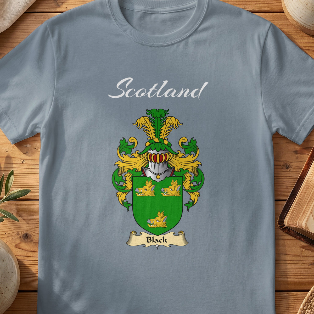 Black Scottish family shield T-shirt in Stone Blue