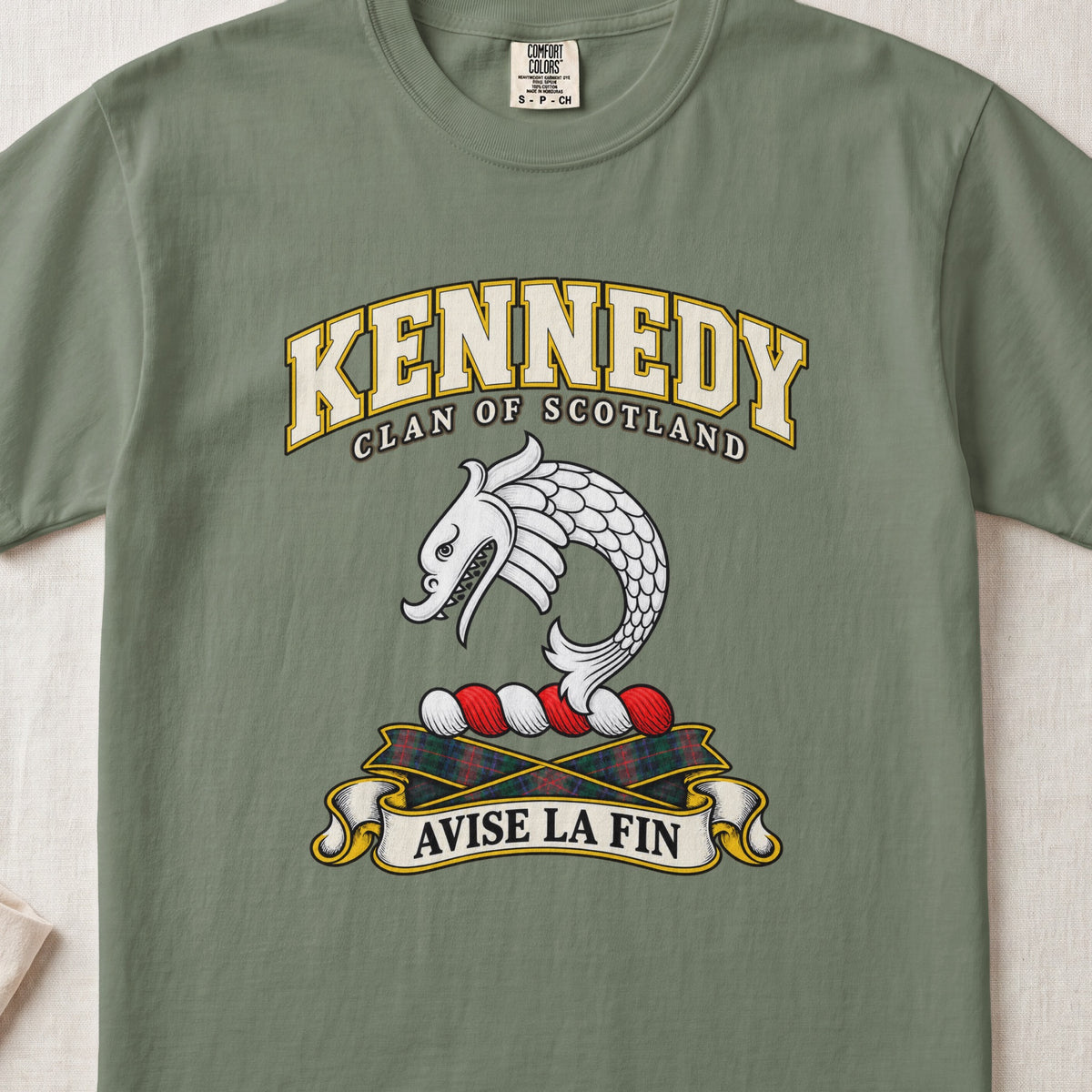 Kennedy Scottish clan T-shirt in Moss, front view with a curved silver fish motif and motto banner.