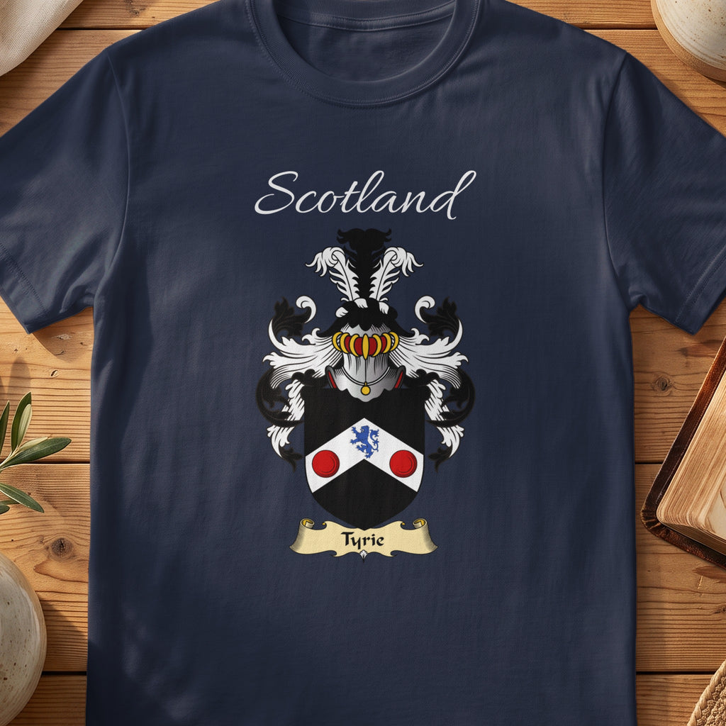 Navy Tyrie heritage T-shirt laid flat with “Scotland” and the colourful family shield design.
