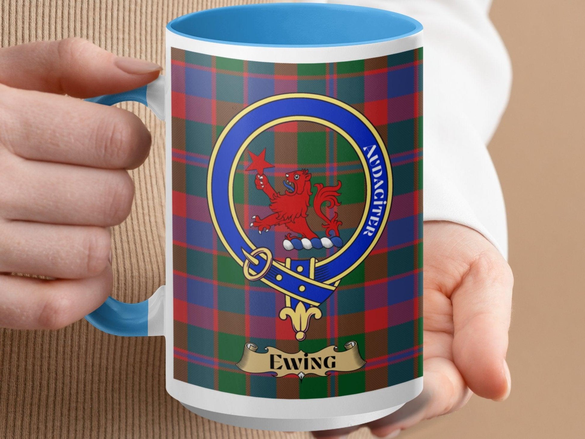 Scottish Clan Tartan Mug with Ewing Crest and Motto - Living Stone Gifts