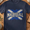 MacDougall Scottish Saltire T-shirt in Navy, with distressed blue and cream flag and “Buaidh No Bàs” lettering.