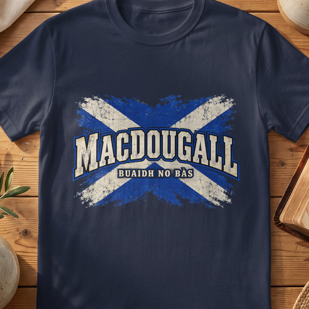 MacDougall Scottish Saltire T-shirt in Navy, with distressed blue and cream flag and “Buaidh No Bàs” lettering.