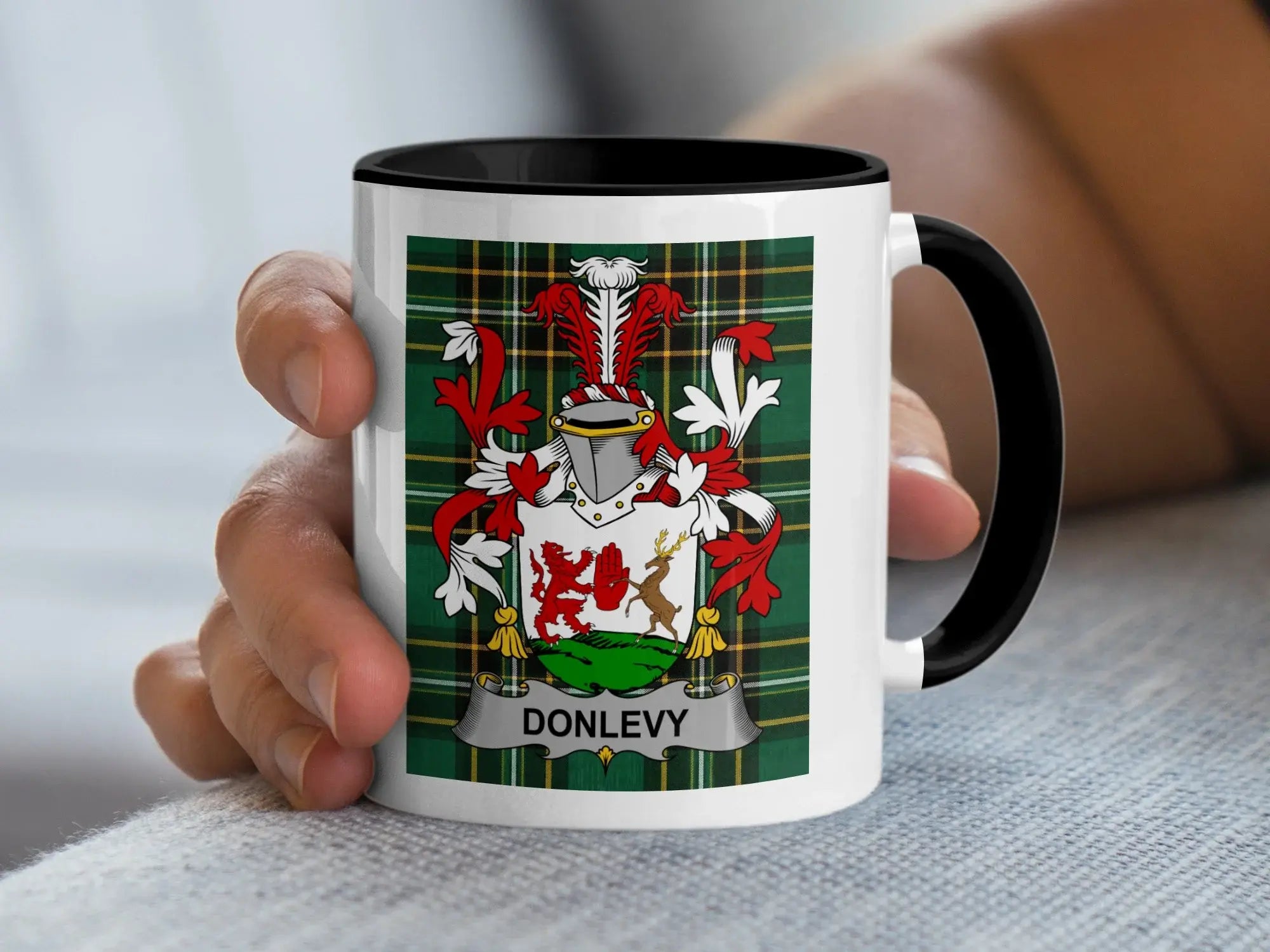 Donlevy Irish family crest black accent mug