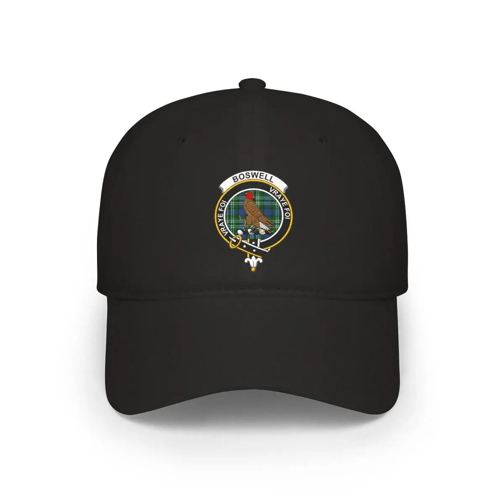 Boswell crest printed black unisex cap — vraye foi clan design, front view