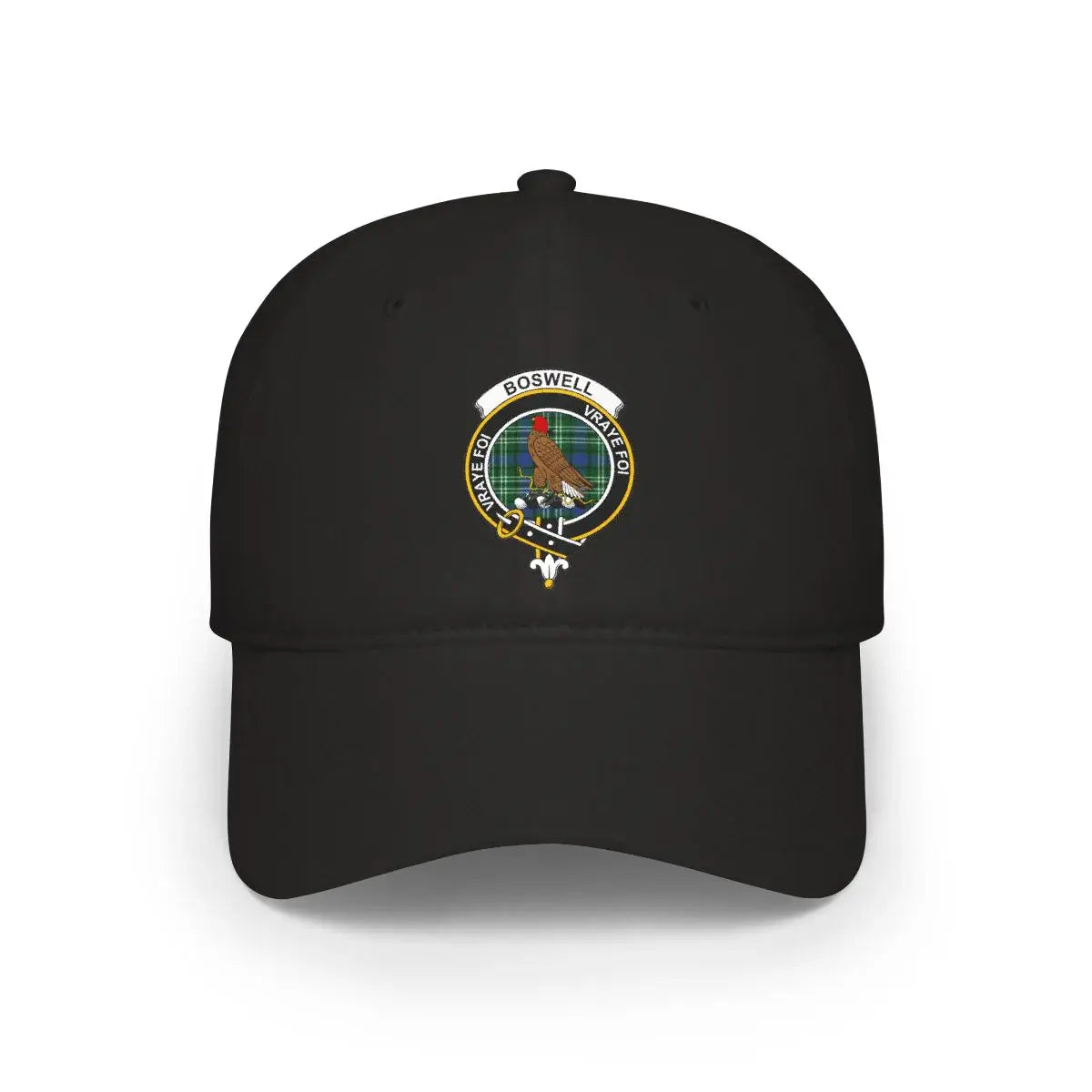 Boswell crest printed black unisex cap — vraye foi clan design, front view