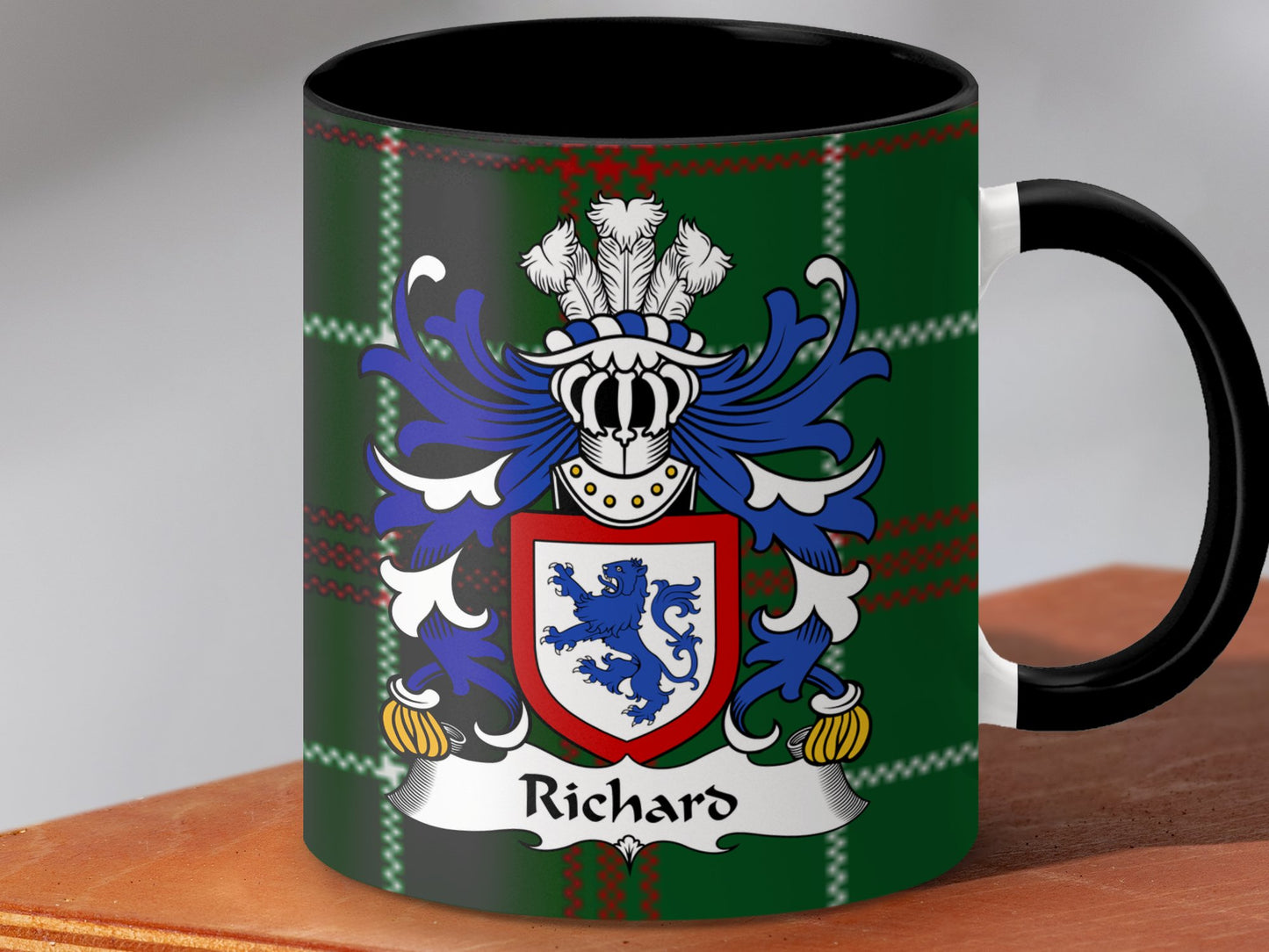 Richard Welsh Surname Coat of Arms Tartan Background Mug - Living Stone Gifts