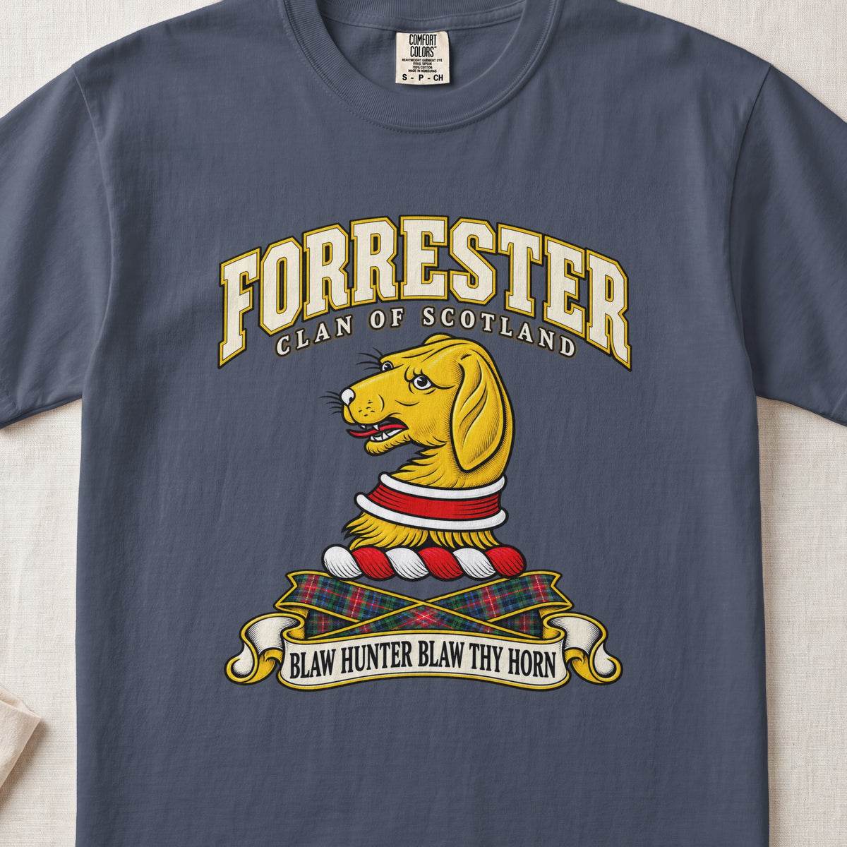 Forrester Scottish clan T-shirt in Midnight, front view with a gold hound head with a red and white collar and motto banner.