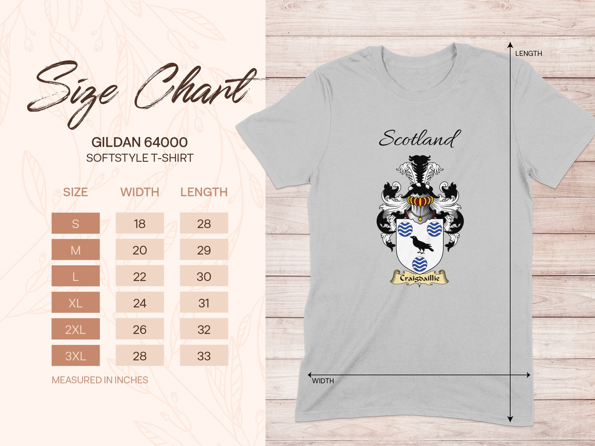 Gildan 64000 size chart for the Craigdaillie unisex T-shirt, sizes S to 3XL