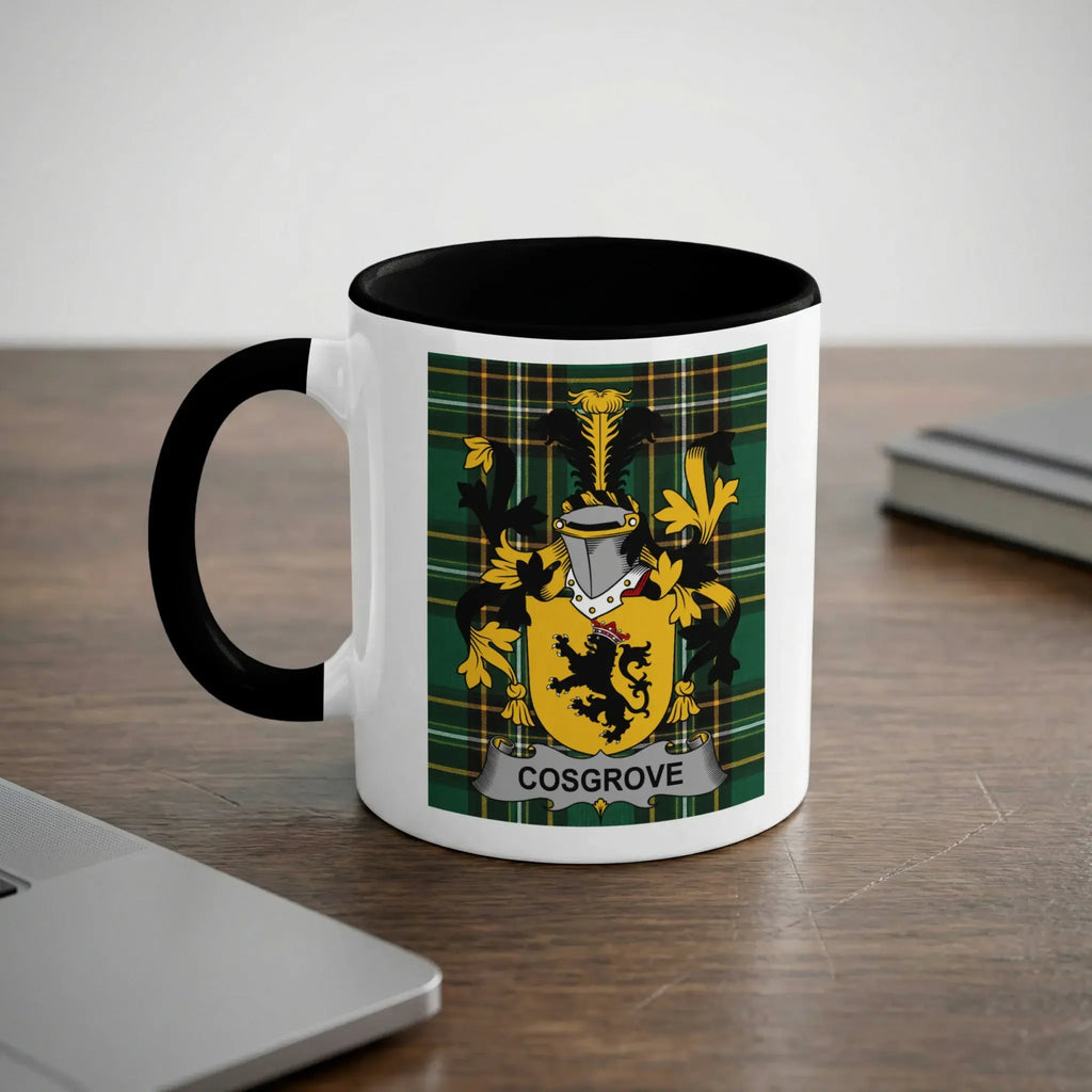 White mug with black handle featuring the Cosgrove family crest on a tartan background.