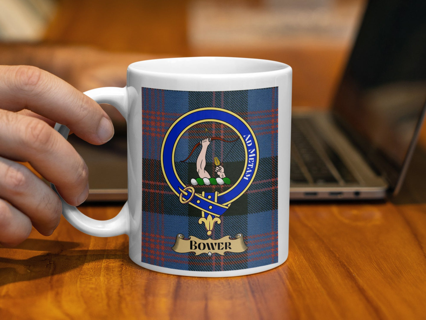 Bower Clan Coat Of Arms Design Blue Plaid Pattern Mug - Living Stone Gifts