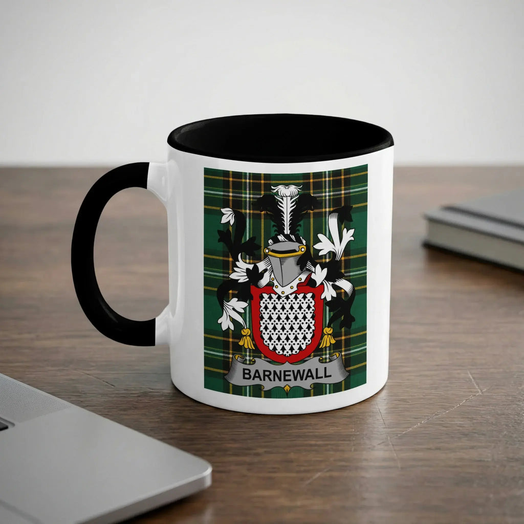 White mug with black rim, featuring the Barnewall family crest on a green tartan background.