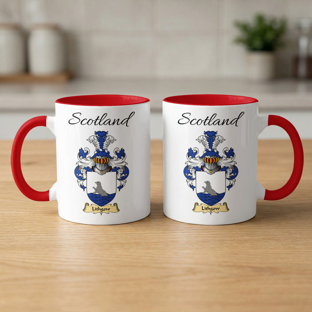 Lithgow 11 oz Scottish family crest ceramic mug showing a Scotland-topped heraldic emblem