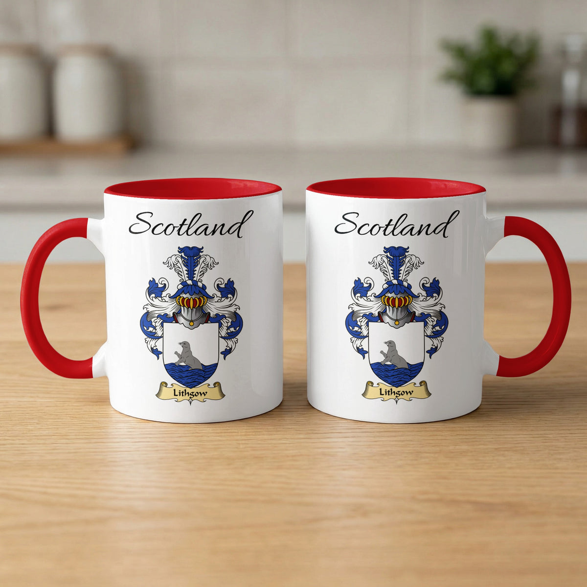 Lithgow 11 oz Scottish family crest ceramic mug showing a Scotland-topped heraldic emblem