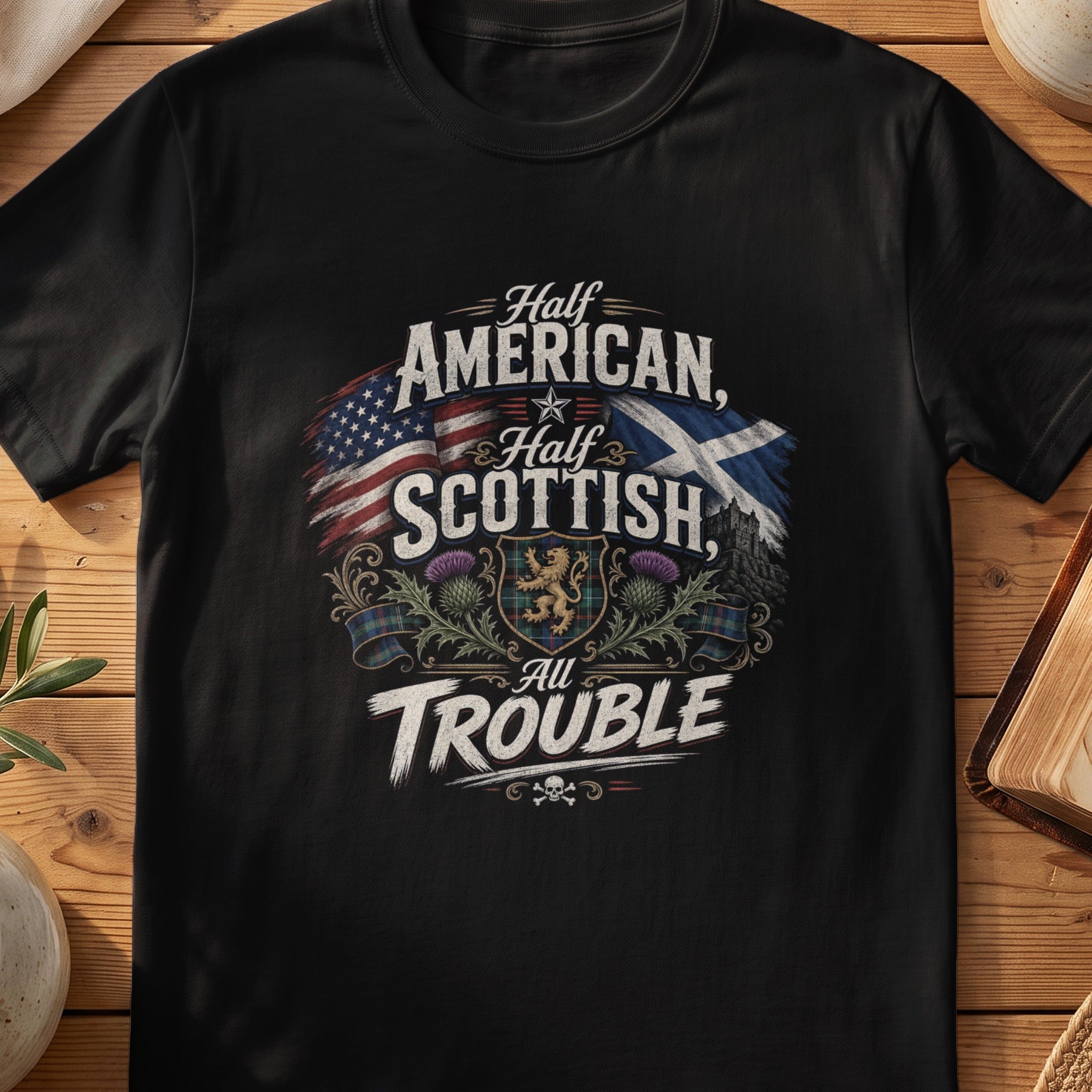 Black Gildan 64000 unisex T-shirt flatlay with Half American Half Scottish All Trouble Scottish graphic design