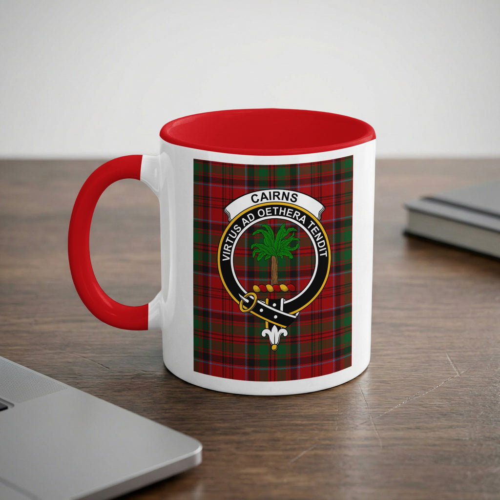 Cairns Scottish family crest artwork on an 11 oz red accent mug with a tartan background