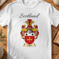 White Cobell Scottish family shield T-shirt featuring a gold cross beneath black stars on red