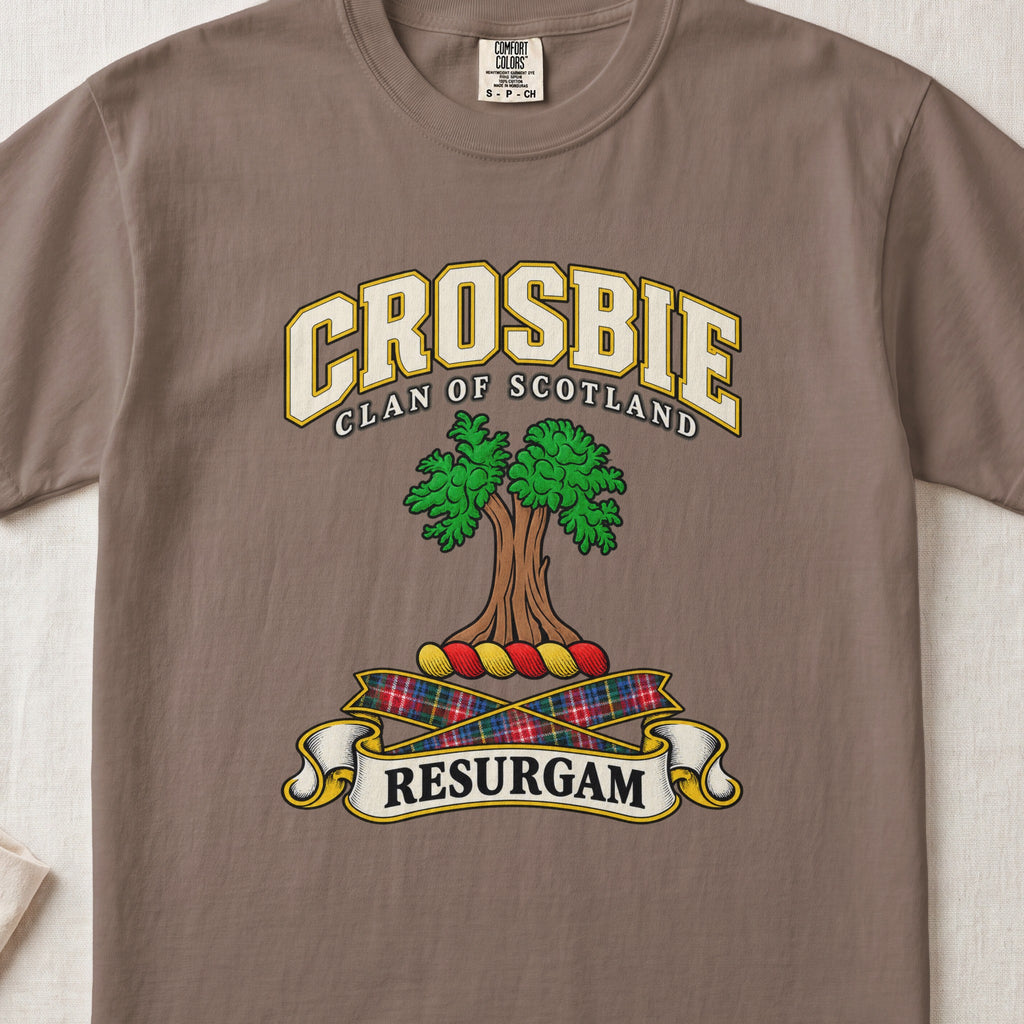 Crosbie Scottish clan T-shirt in Espresso, front view with a green tree and motto design.