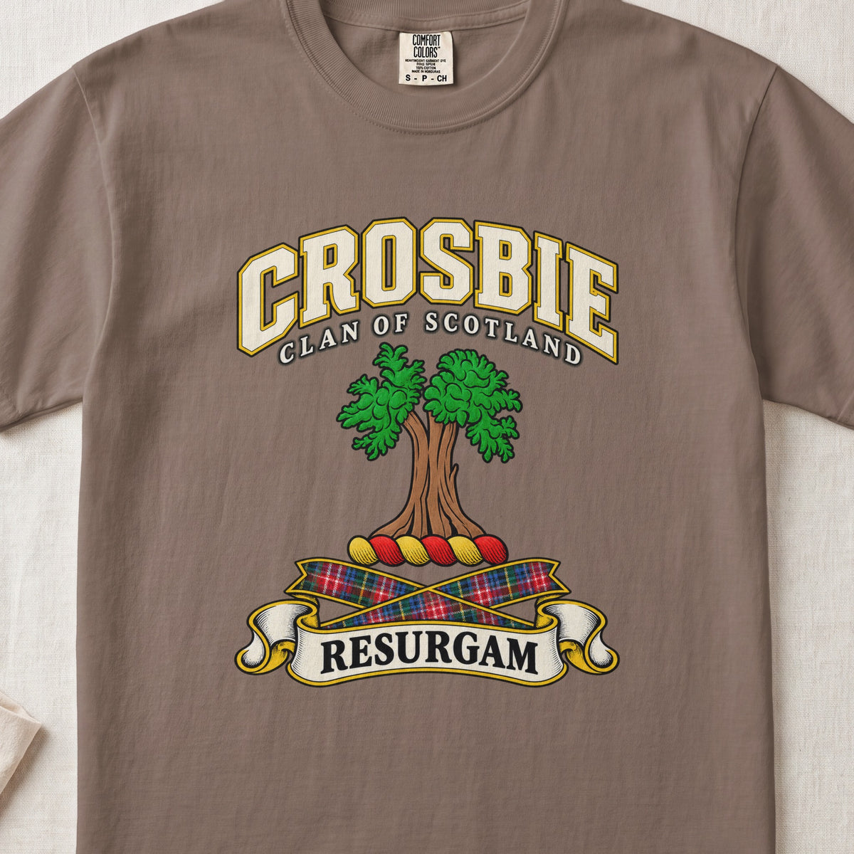 Crosbie Scottish clan T-shirt in Espresso, front view with a green tree and motto design.