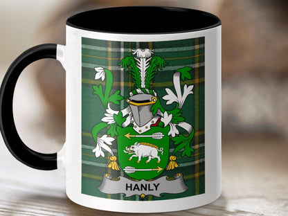 Hanly Surname Family Crest Irish Tartan Mug - Celtic Ancestry Gifts