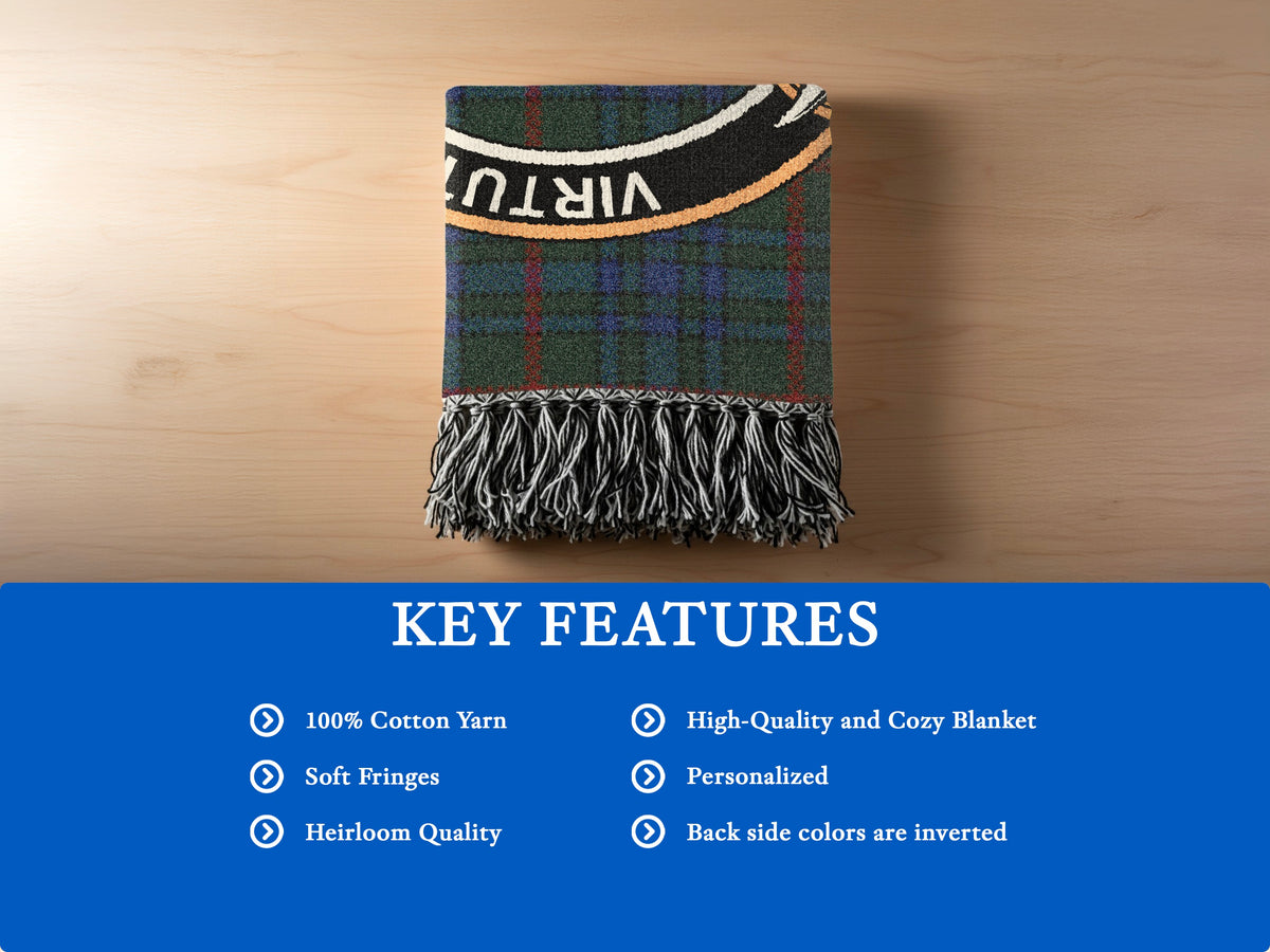 Aiton blanket features: 100% cotton yarn, soft fringes, heirloom quality and inverted reverse colours