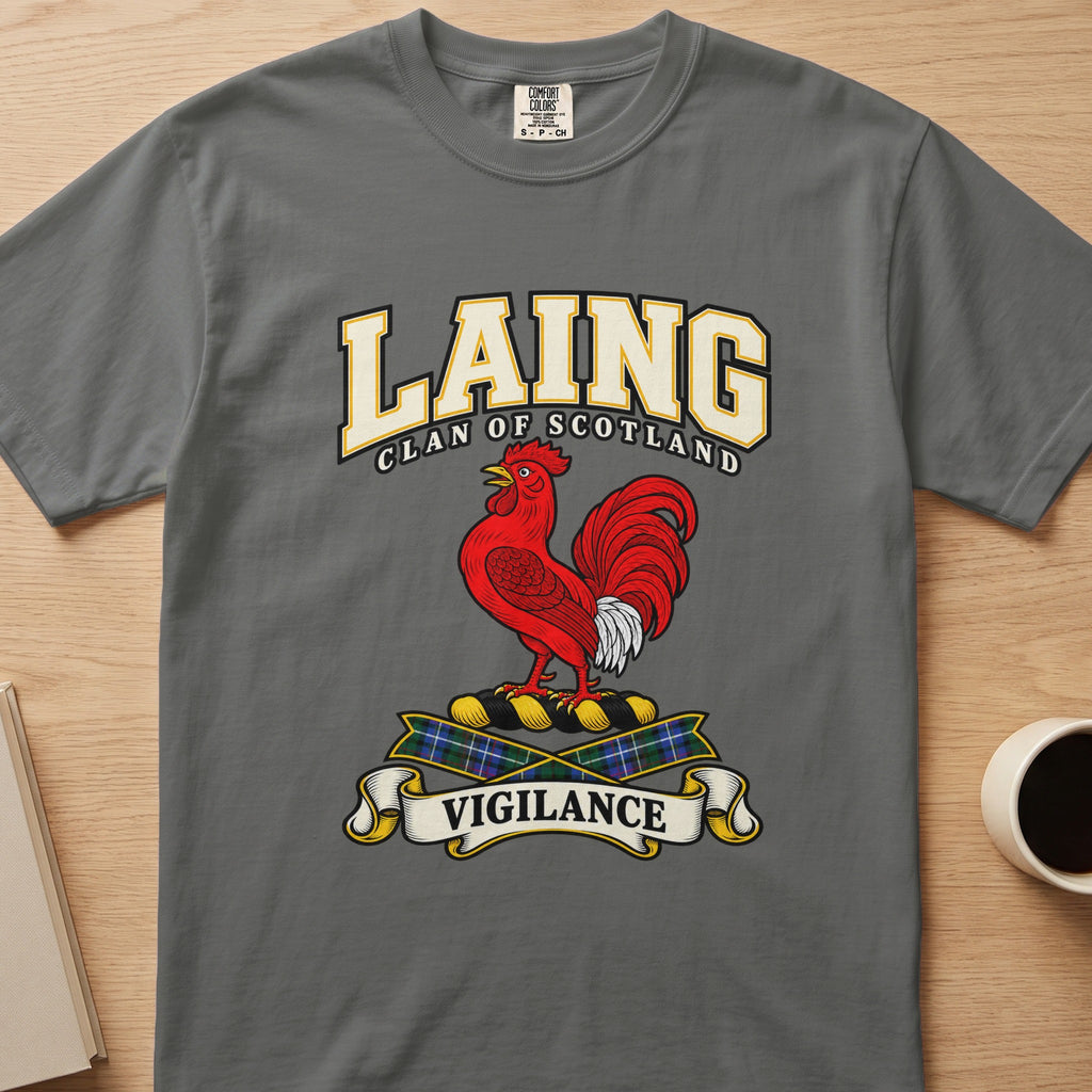Laing clan crest with red rooster and Vigilance scroll on a gray Comfort Colors T-shirt, front view