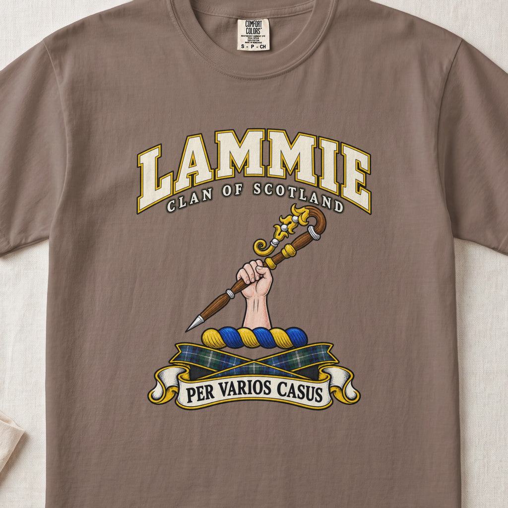 Lammie Scottish clan T-shirt in Espresso, front view with a hand holding an ornate crozier and motto design.