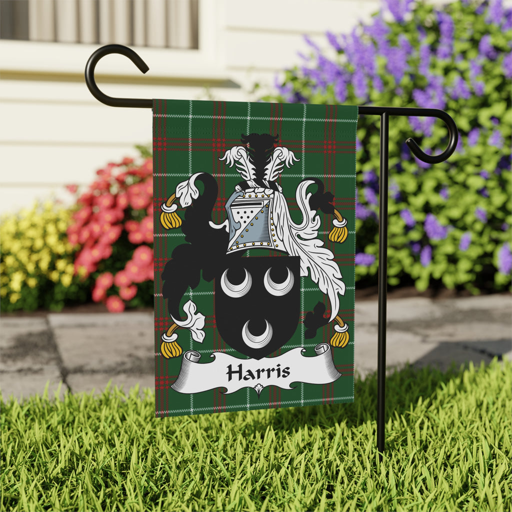 Harris family crest on a plaid garden flag.
