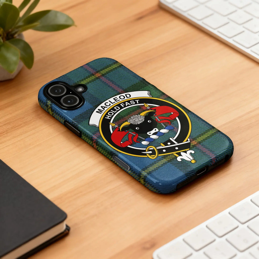 MacLeod Hold Fast tartan clan crest phone case — full heraldic wrap on glossy impact-resistant shell
