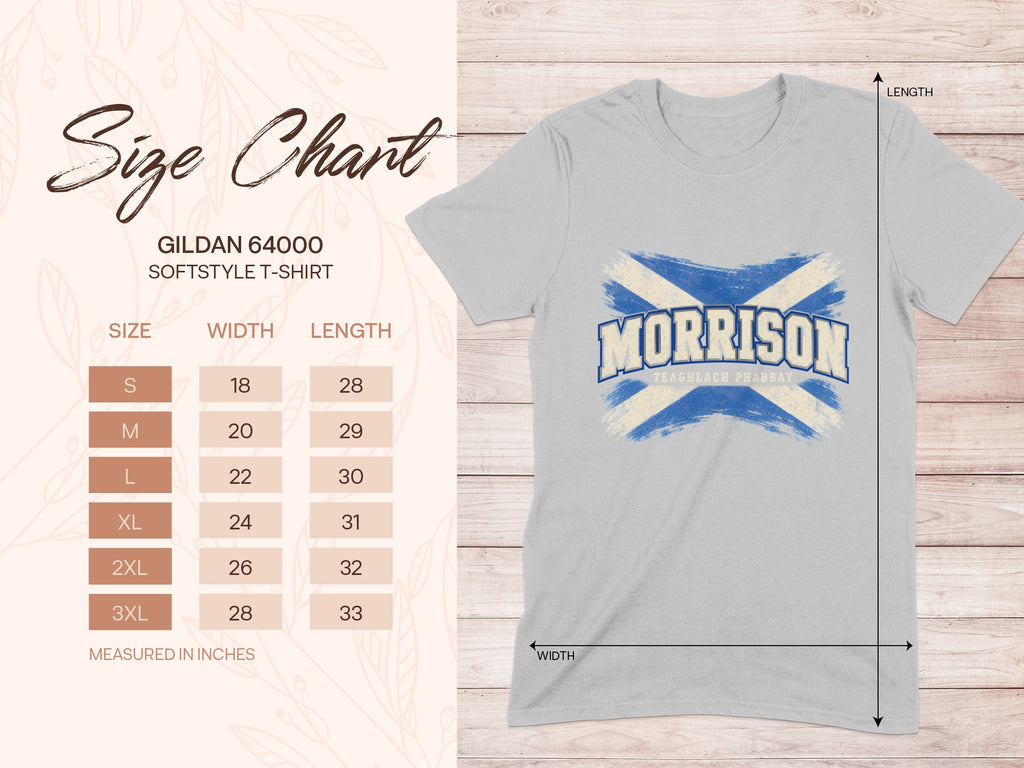 Gildan Softstyle 64000 size chart for the Morrison Saltire T-shirt, showing shirt width and length in inches.