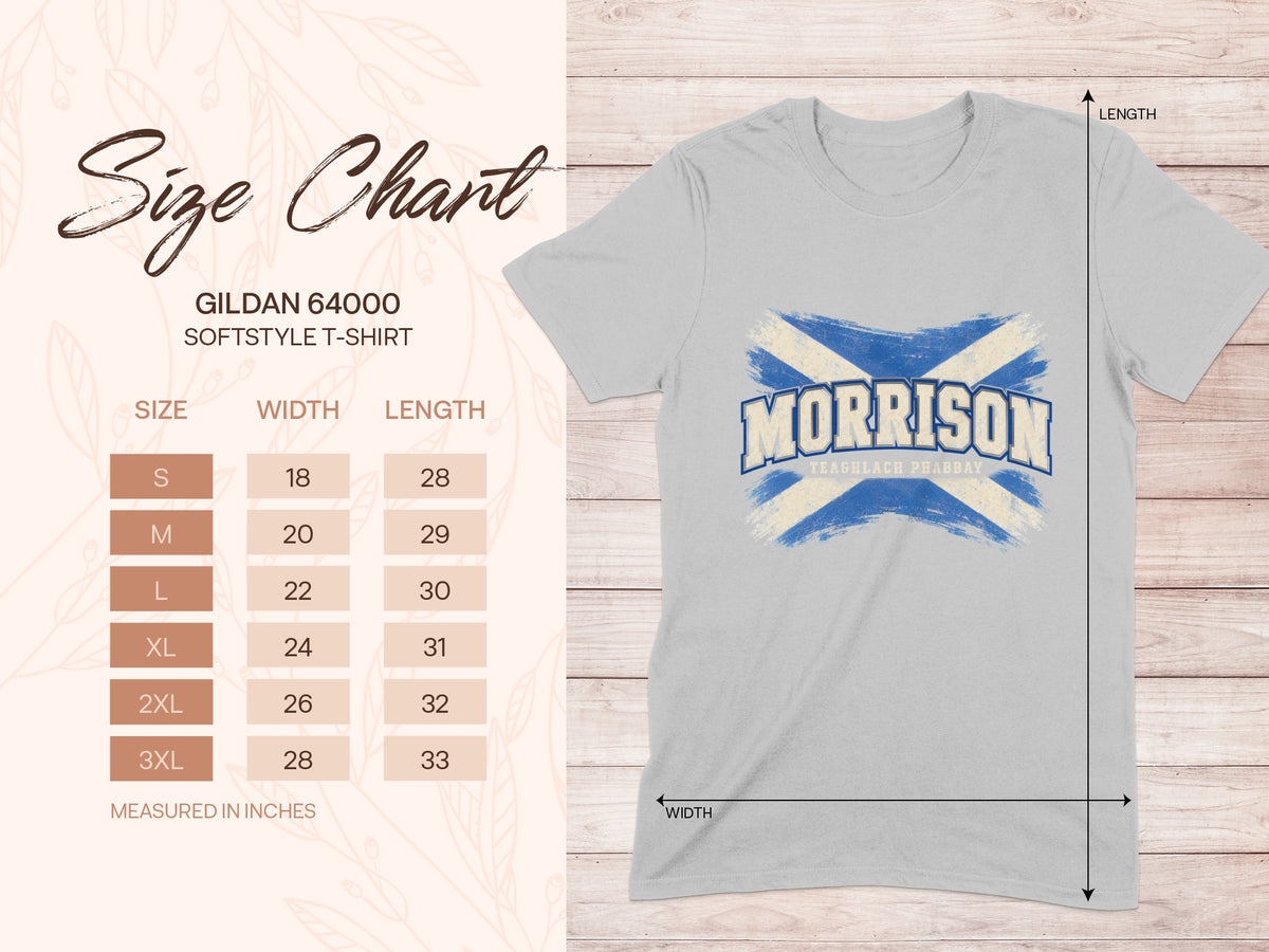 Gildan Softstyle 64000 size chart for the Morrison Saltire T-shirt, showing shirt width and length in inches.