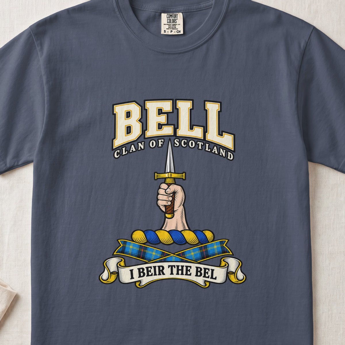 Bell Scottish clan graphic T-shirt in Midnight, front view