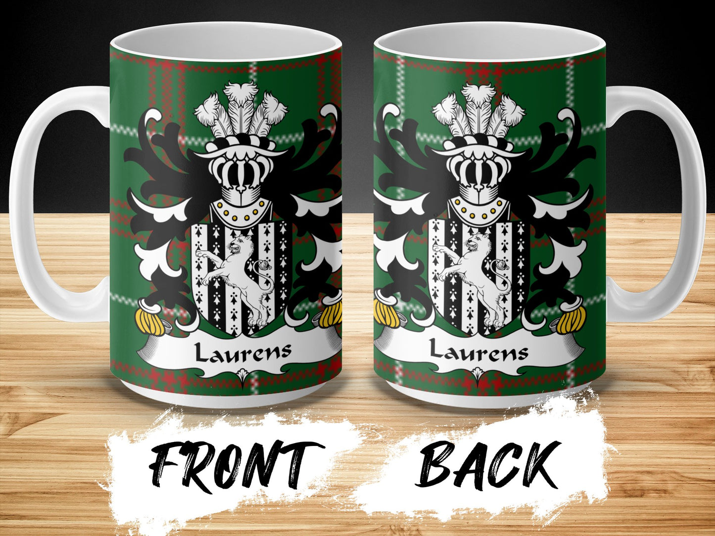 Laurens Welsh Surname Coat of Arms on Tartan Background Mug - Living Stone Gifts