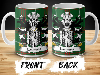 Laurens Welsh Surname Coat of Arms on Tartan Background Mug - Living Stone Gifts