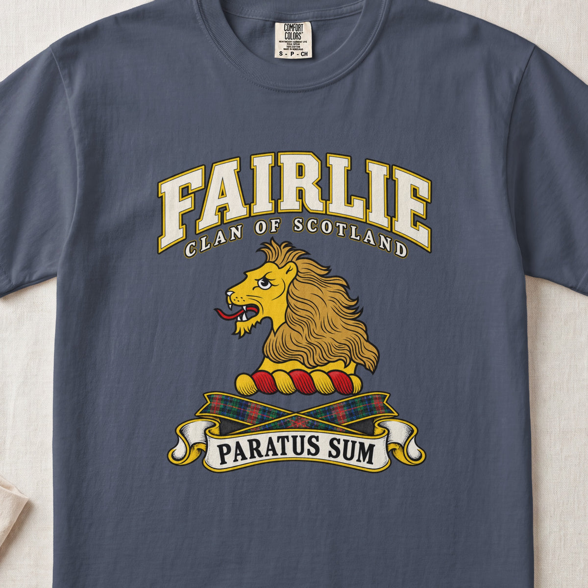 Fairlie Scottish clan T-shirt in Midnight, front view with a gold lion head and motto design.