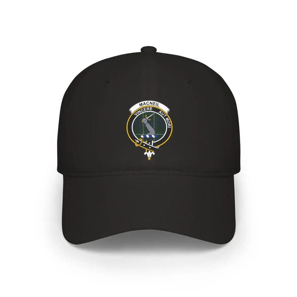 Clan MacNeil Vincere Aut Mori crest cap shown from front — khaki cotton panel